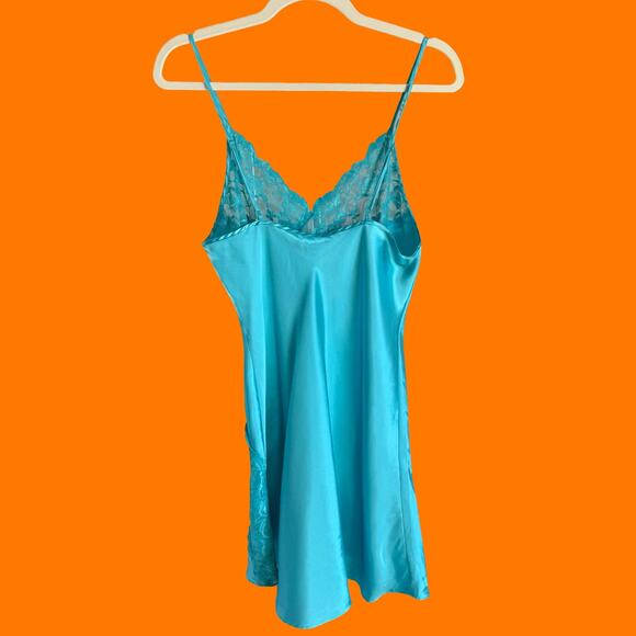 90's 00's vintage blue satin 100% polyester sheer floral lace y2K slip dress M - Picture 6 of 8